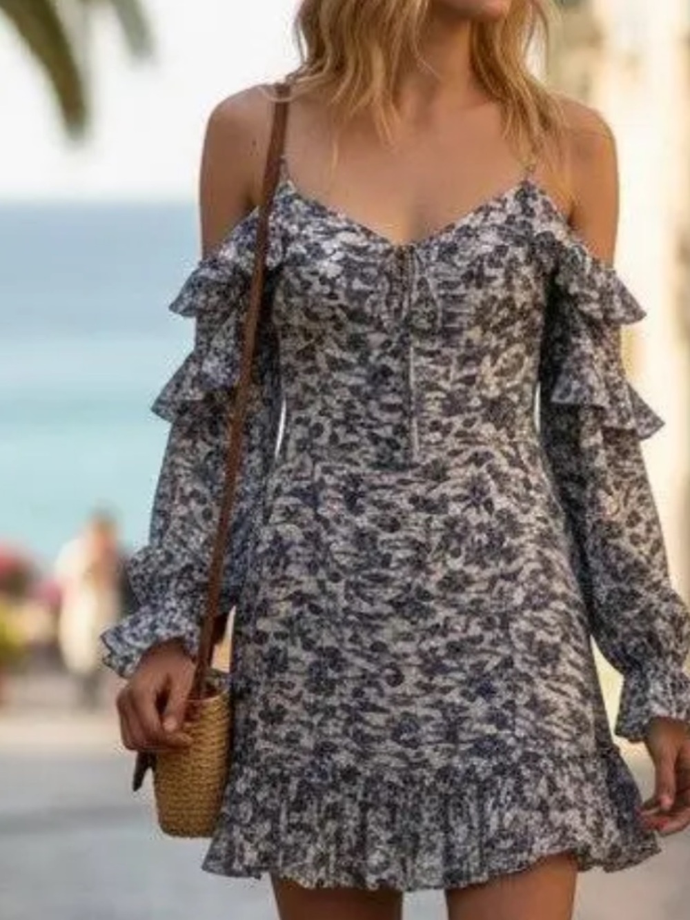 Robert Rodriguez Blue & White Floral Silk Mini Dress Ruffle Cold Shoulder Size S
